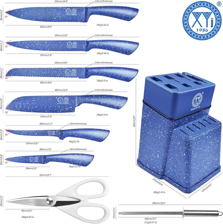 XYJ Authentic Since 1986, Kitchen Knife Block Set, Stainless Steel Knives Set With Knife Holder, Blu