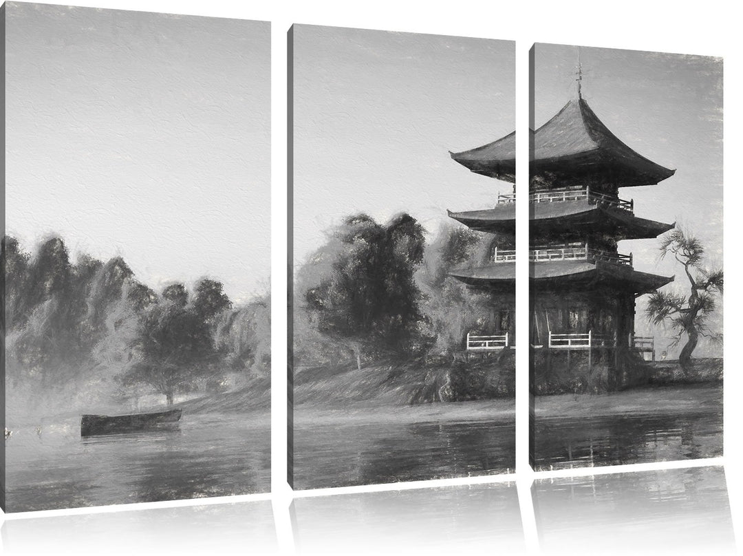 Pixxprint asiatischer Tempel an See / 3-Teilig/Gesamtmass 120cm Leinwandbild bespannt auf Holzrahmen