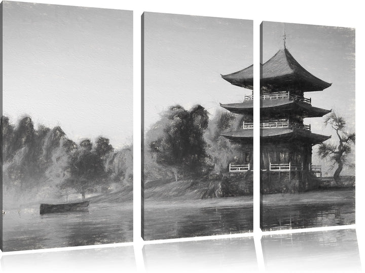 Pixxprint asiatischer Tempel an See / 3-Teilig/Gesamtmass 120cm Leinwandbild bespannt auf Holzrahmen