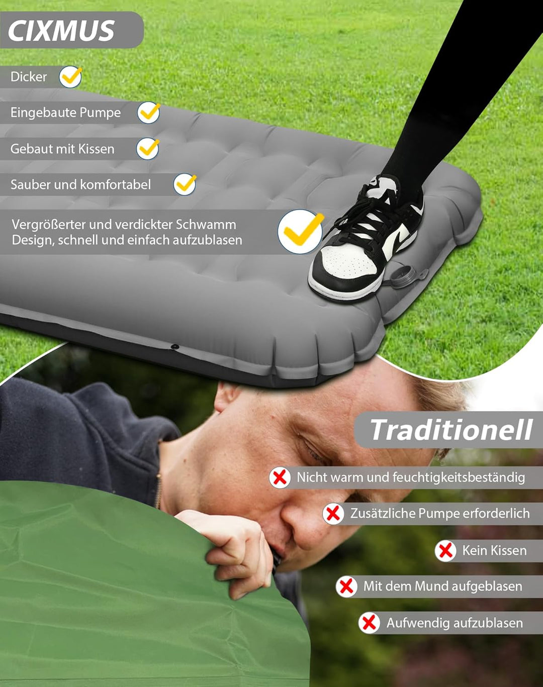 Aufblasbare Isomatte Camping mit Fusspumpe und Kopfkissen, 12 cm verdickt – Bequem, Ultraleicht, Kle