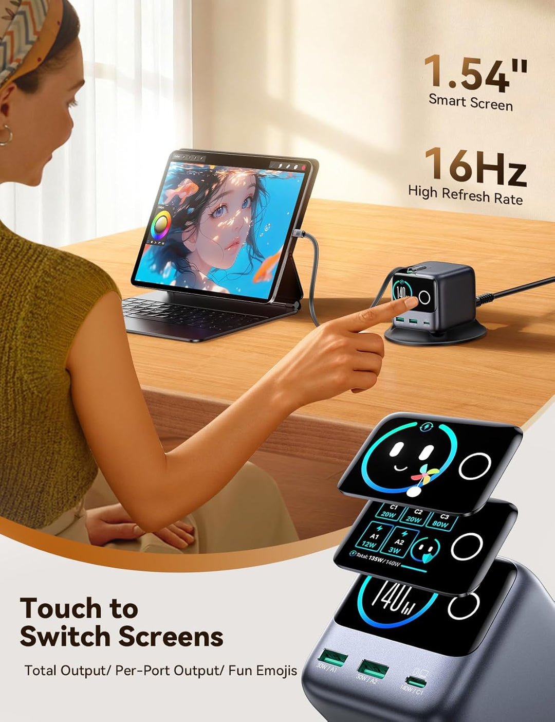 JOYROOM PODIX 140W 5‑in‑1 GaN Ultra Ladelstation, USB‑C Schnellladegerät mit 2 retraktablen 100W Kab