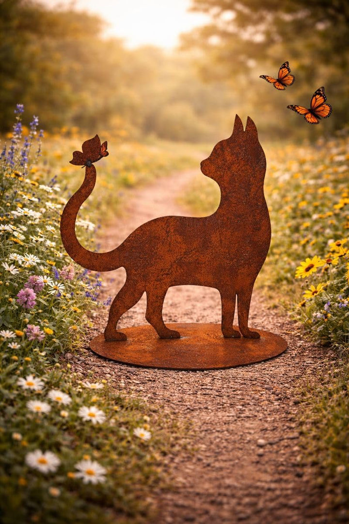 Bornhöft Gartendeko Gartenstecker Katze mit Schmetterling, Edelrost Rost-Optik Metallfigur, Gartensk