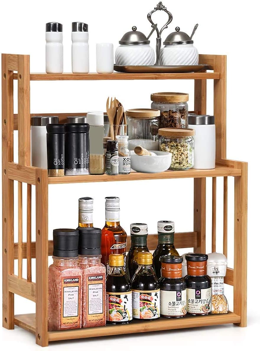 RELAX4LIFE 3-stufiges Gewürzregal, Küchenregal aus Bambus, Gewürzständer mit höhenverstellbarer Abla