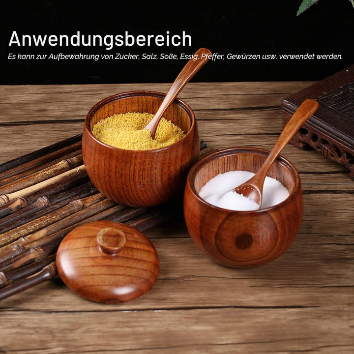 2er Pack Gewürzdosen aus Holz, Japanischen Stil Zuckerdose mit Deckel und Löffel, Rund Gewürzgläser