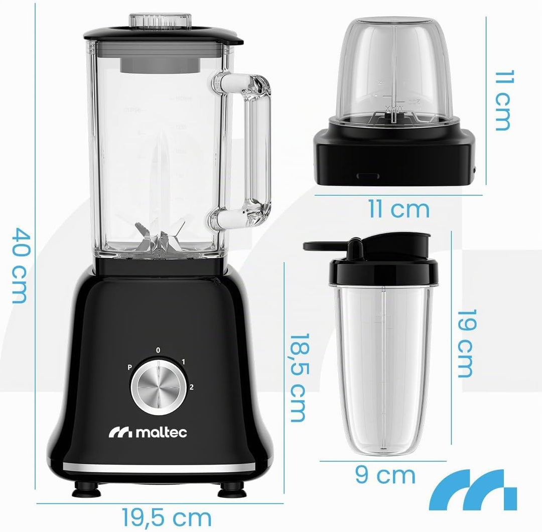 MalTec Standmixer Glas Smoothie Maker für Cocktails BL1800W Blender, Mühle,2 Bidons 1,6l Schwarz