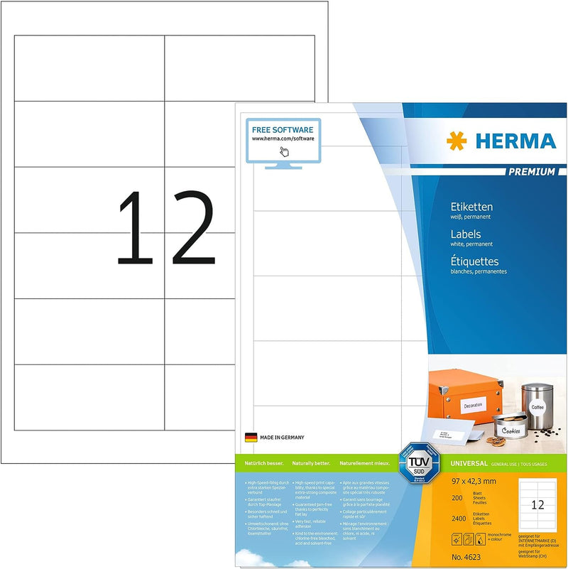 HERMA 4623 Universal Etiketten, 200 Blatt, 97 x 42,3 mm, 12 Stück pro A4 Bogen, 2400 Aufkleber, selb