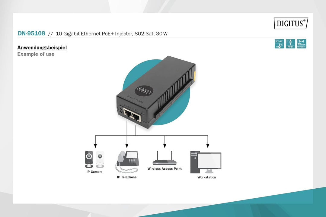 DIGITUS 10 Gigabit Ethernet PoE+ Injector, 802.3at Power Pins:3/6(+), 1/2(-), 30W 10 Gbit/s PoE Inje