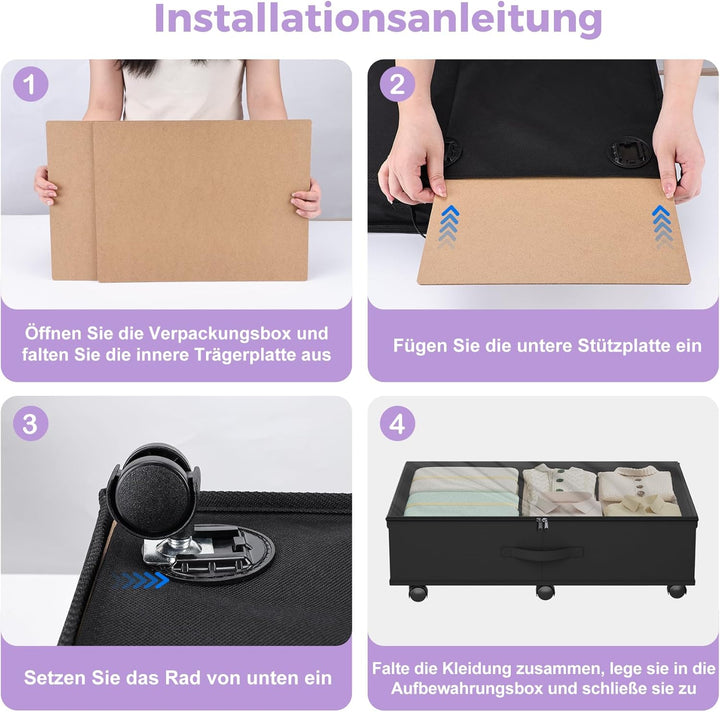 Babenest Unterbettkommode mit 6 Rollen, 2 Stück Faltbare Unterbett Aufbewahrungsbox mit Klarer Decke