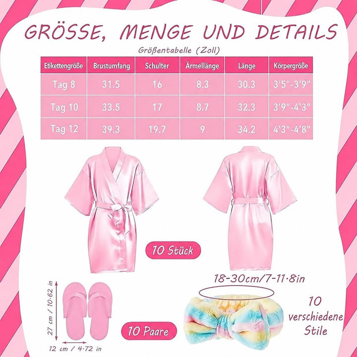 30 Stück Spa-Party-Set für Mädchen 10 Kimono-Bademäntel mit V-Ausschnitt, 10 weiche Spa-Stirnbänder,