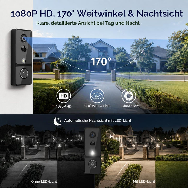 Video Türklingel mit Monitor 4,3 Zoll, Kabellose Türklingel mit Kamera, Ohne WLAN &amp; ABO, PIR Bewegun