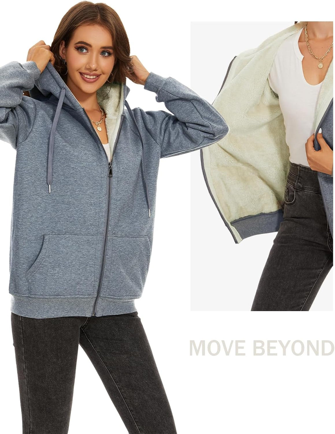 MOVE BEYOND Sweatjacke Damen Kapuzenjacke Hoodie Fleece mit Zipper Fleecepullover Fleecejacke mit Ka