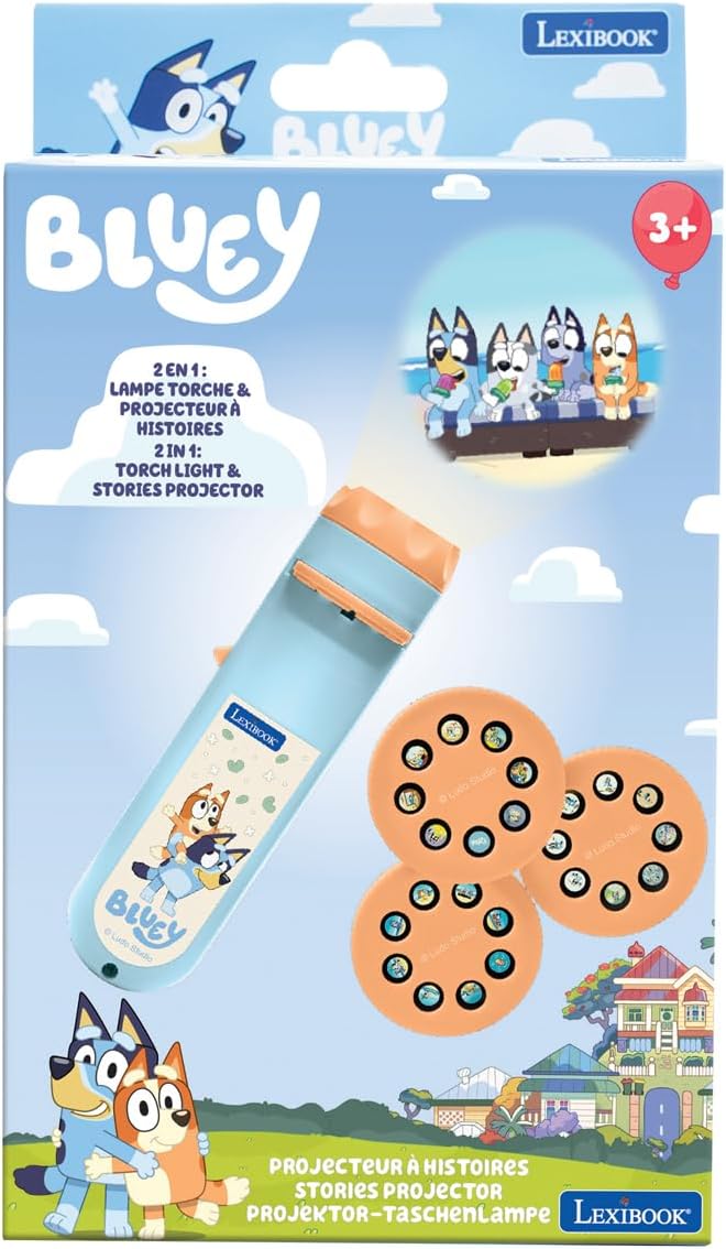 Lexibook, Bluey, Bluey Geschichtenerzähler-Projektor und Taschenlampe, Blau Gelb, LTC050BY Buey, Bue