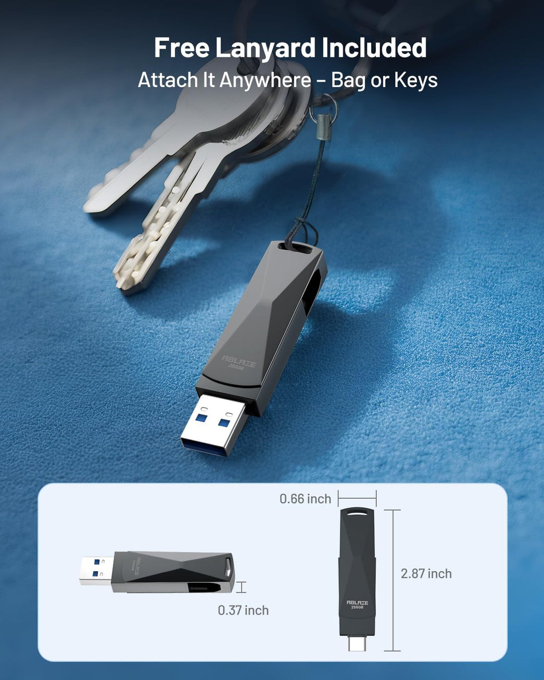 ABLAZE 256 GB USB C Stick, Dual USB 3.0 + Typ C, kompatibel mit iPhone 16/15, Android-Smartphones, C