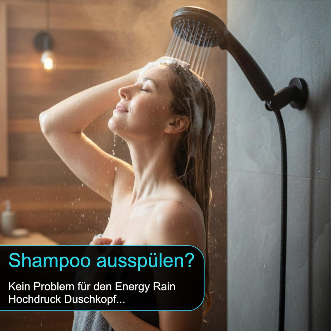 Duschkopf schwarz Energy Rain mit 9 Strahlarten, Shower Head, Duschbrause, Handbrause Dusche Brausek