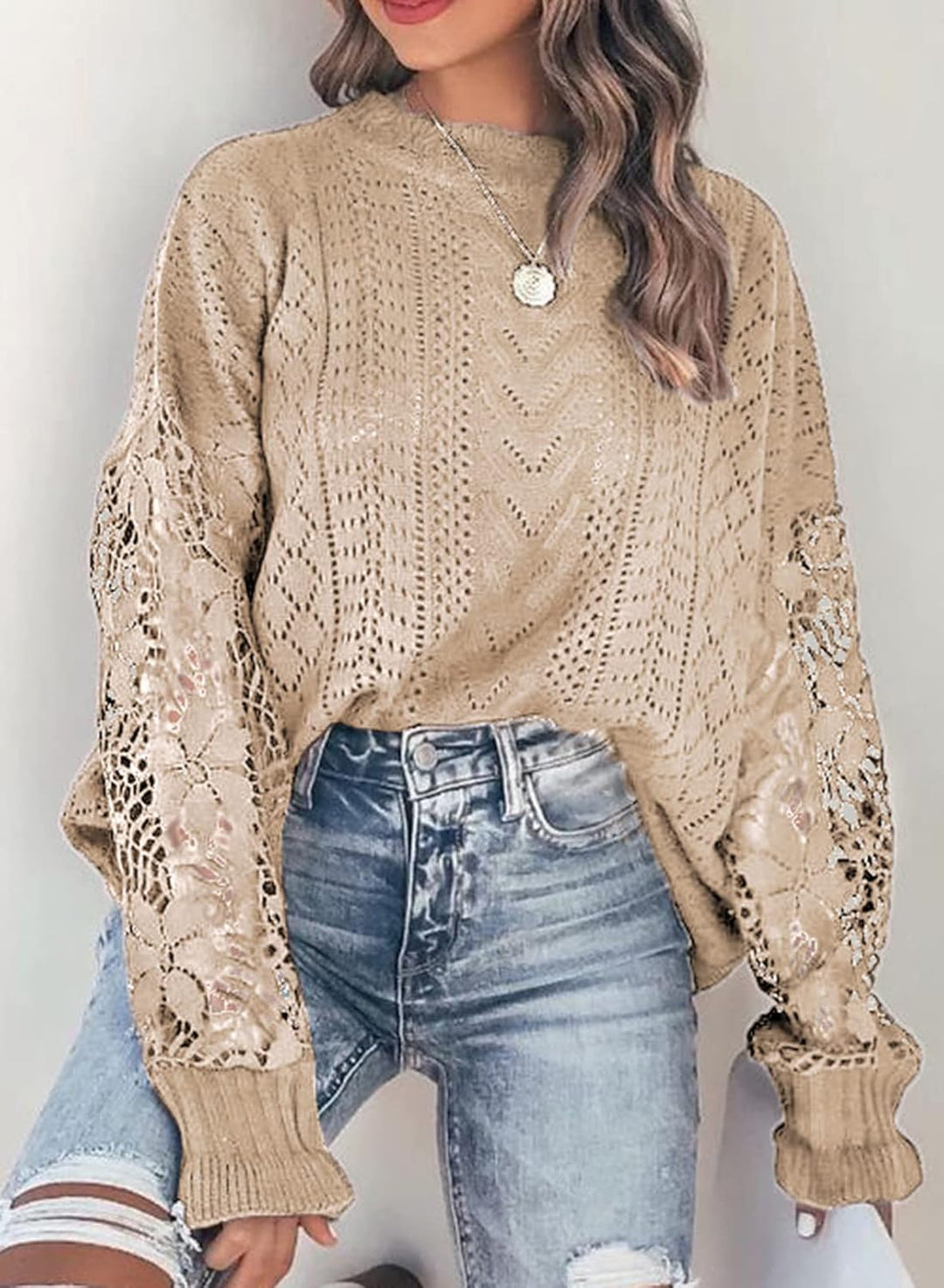 Maavoki Pullover Damen Spitze Strickpullover Lässige Rundhals Lace Langarm Häkelpullover Elegantes E