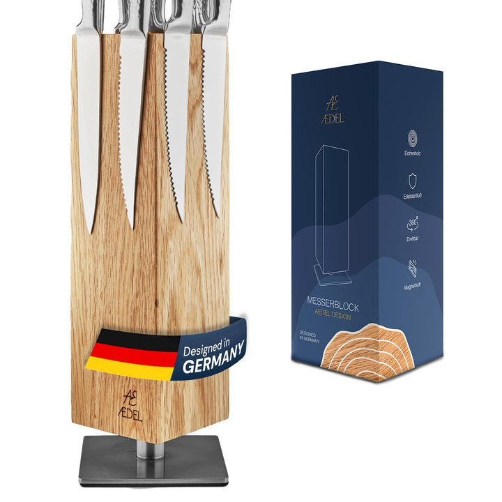 AEDEL Design Messerblock magnetisch & drehbar aus edlem Eichenholz | Messerhalter für mind. 4 grosse