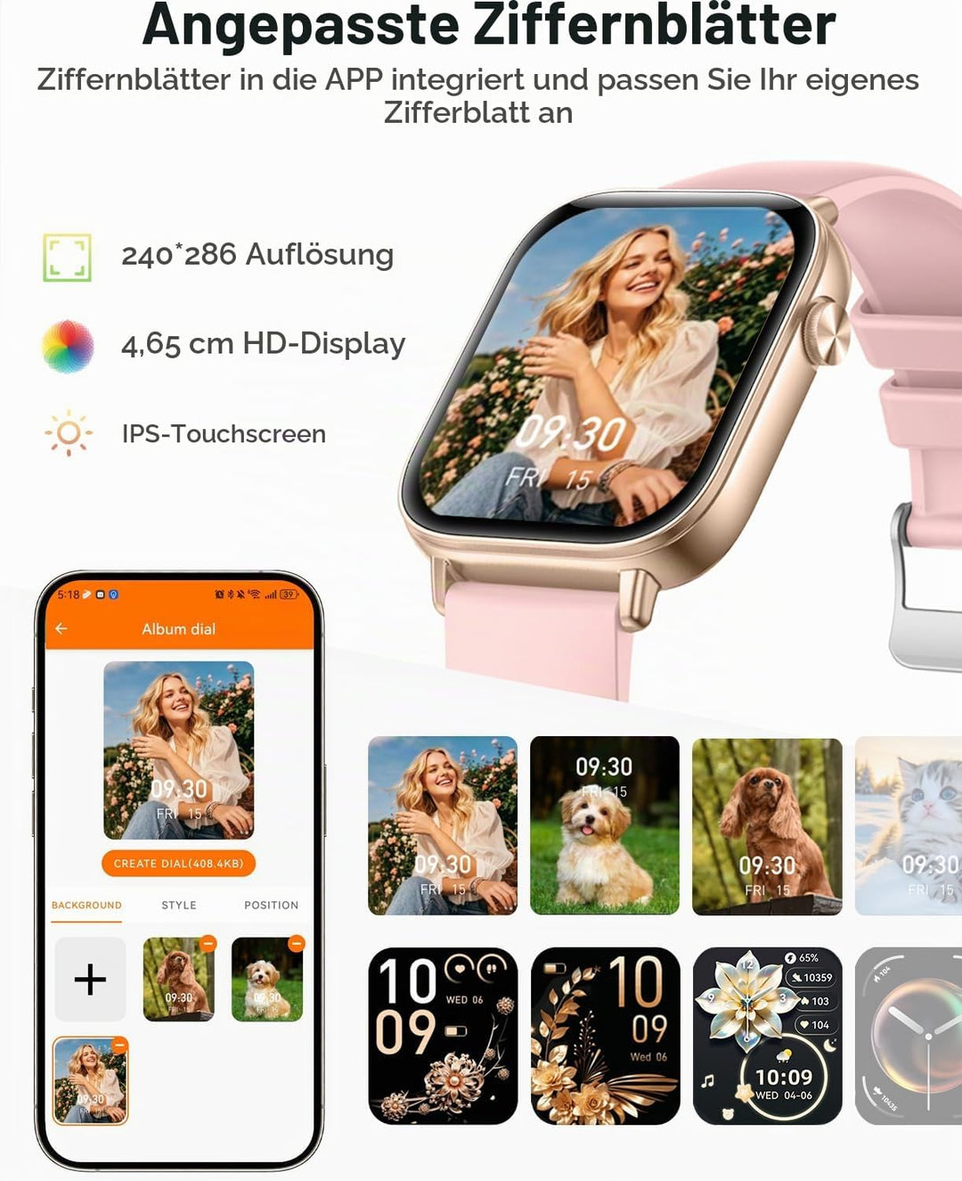 Smartwatch Damen, 1.83 Zoll HD-Display Smart Watch mit Telefonfunktion, 100+ Sportmodi Fitness Track
