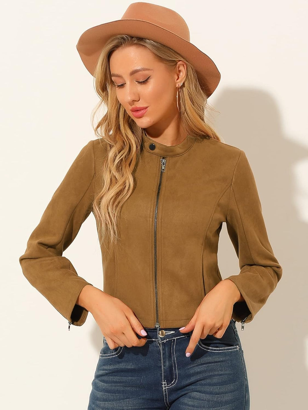 Allegra K Damen Faux Wildleder Jacke Stehkragen Reissverschluss Kurze Bikerjacke XS Braun, XS Braun