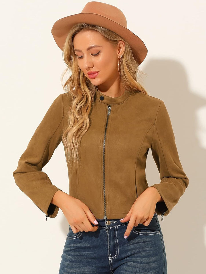 Allegra K Damen Faux Wildleder Jacke Stehkragen Reissverschluss Kurze Bikerjacke XS Braun, XS Braun