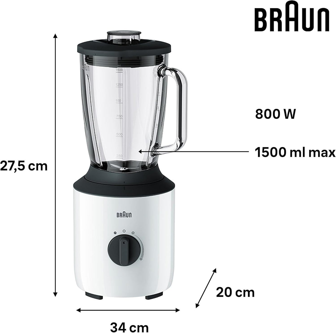Braun PowerBlend 3 JB 3150 WH Standmixer - 1,5 l Glas-Mixaufsatz, Küchenhelfer zum Zerkleinern, Püri