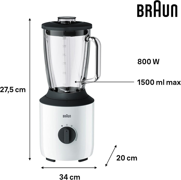 Braun PowerBlend 3 JB 3150 WH Standmixer - 1,5 l Glas-Mixaufsatz, Küchenhelfer zum Zerkleinern, Püri