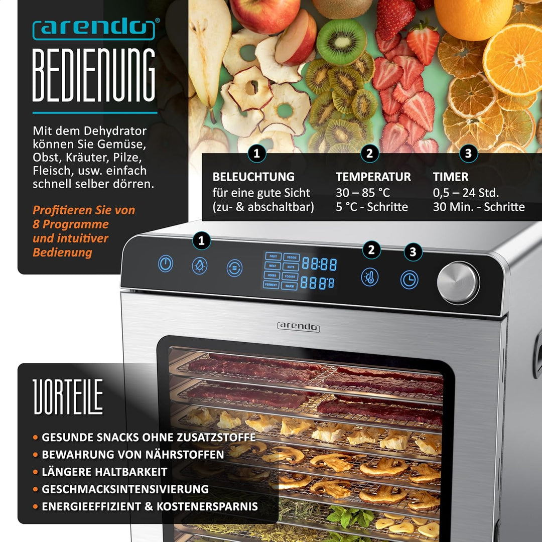 Arendo - Dörrautomat Edelstahl mit 16 Edelstahlgitter - 1000 Watt - 13400 cm² - 8 Programme - Dörrge