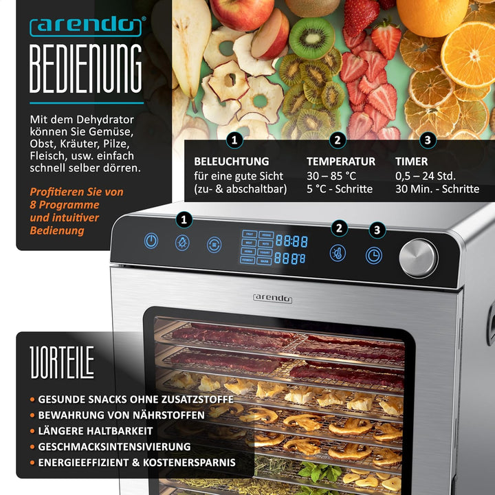 Arendo - Dörrautomat Edelstahl mit 16 Edelstahlgitter - 1000 Watt - 13400 cm² - 8 Programme - Dörrge