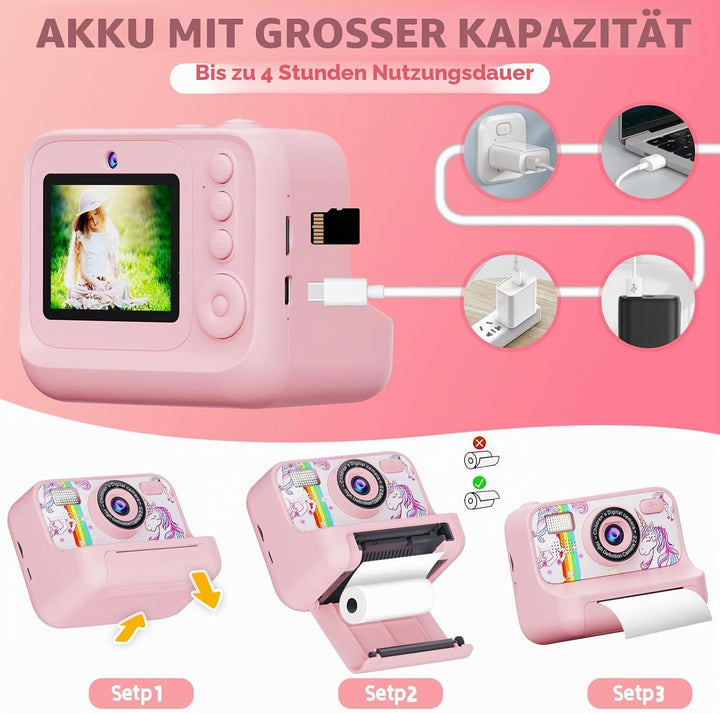 Kinderkamera Sofortbildkamera, 2,4 Zoll Bildschirm 1080P HD Kinderkamera, mit 32GB Karte und 3 Rolle