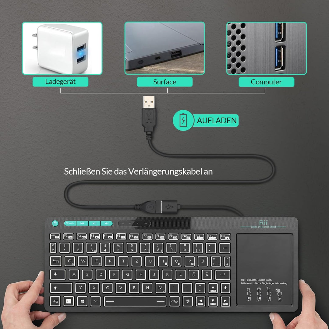 Rii Bluetooth Tastatur mit touchpad(Bluetooth 5.0 + 2.4G Wireless), Mini Tastatur Beleuchtet mit 2 L