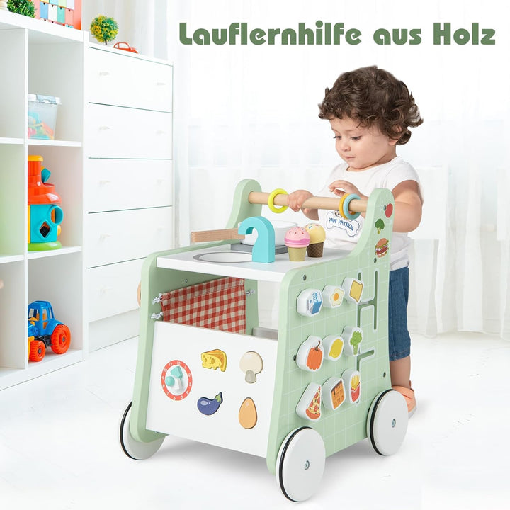 FANTASK 6 in 1 Lauflernwagen aus Holz, Lauflernhilfe mit Spielküche, Lernuhr, Formanpassung & bewegl