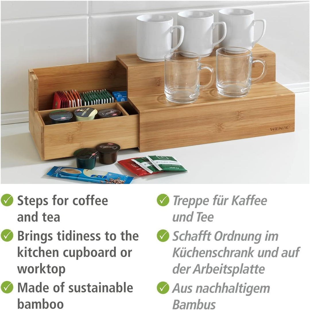 WENKO Bambus Treppe für Kaffee und Tee - Küchenregal mit Schublade, Bambus, 33 x 17.5 x 15 cm, Braun