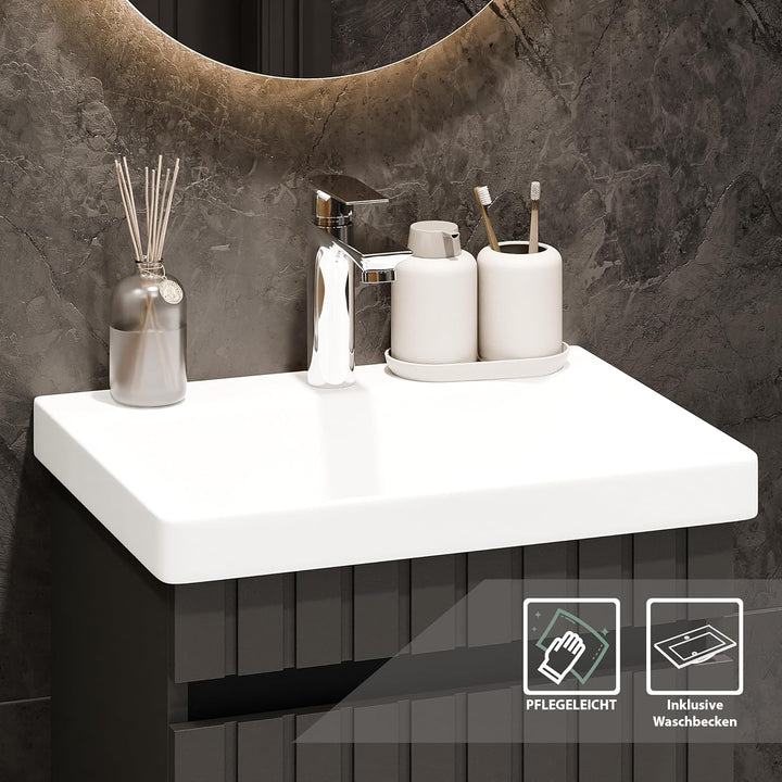 Planetmöbel Cosmia Badmöbel Set Waschbecken mit Unterschrank 50 x 60 x 35 cm Anthrazit, Armatur Bade