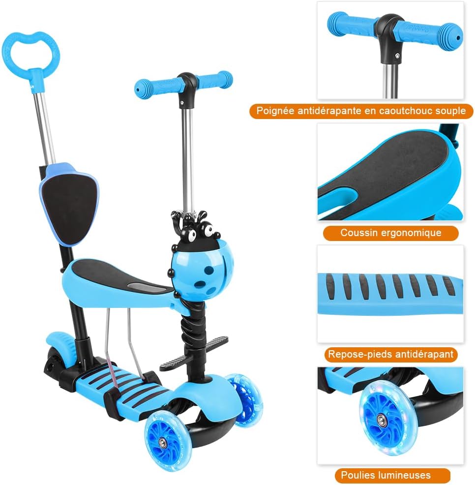 Tretroller mit 3 Rädern für Scooter, faltbar, bunt | rutschfeste Brücke höhenverstellbar mit LED-Lic