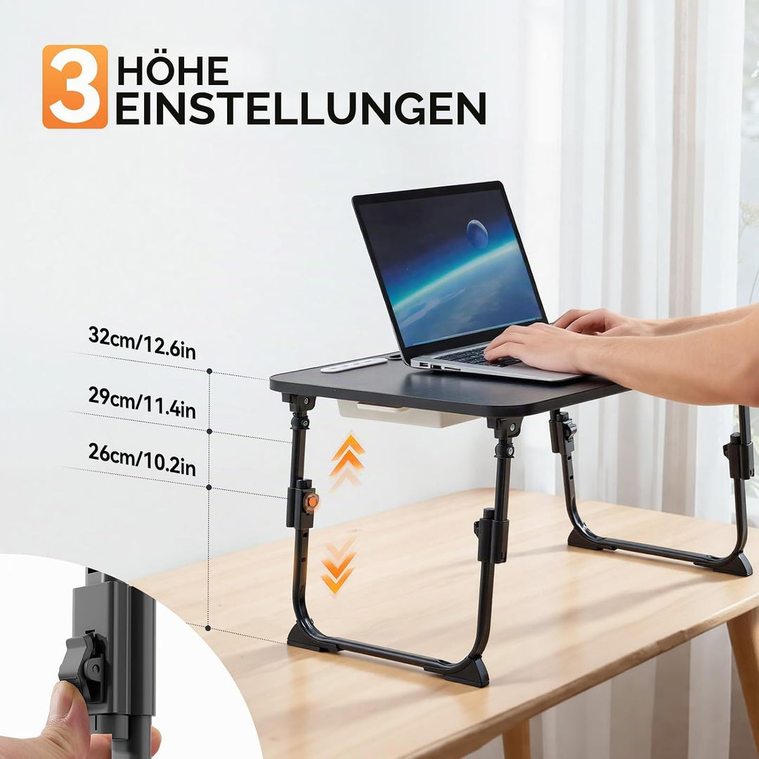 Warmiehomy Laptoptisch fürs Bett, Höhenverstellung Tablettisch mit klappbaren Beinen & Getränkehalte