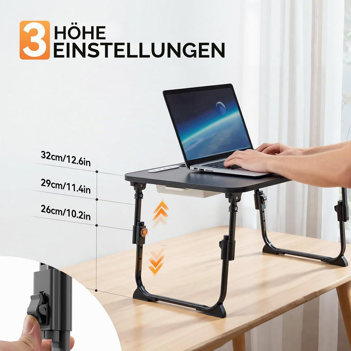 Warmiehomy Laptoptisch fürs Bett, Höhenverstellung Tablettisch mit klappbaren Beinen & Getränkehalte