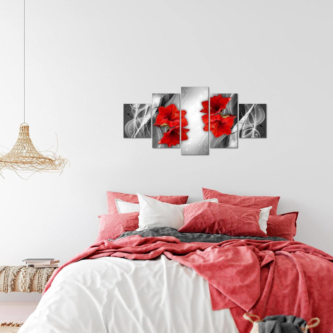 Runa Art Wandbilder Blumen Lilien 5 Teilig Bild auf Vlies Leinwand Deko Wohnzimmer Abstrakt Grau Rot