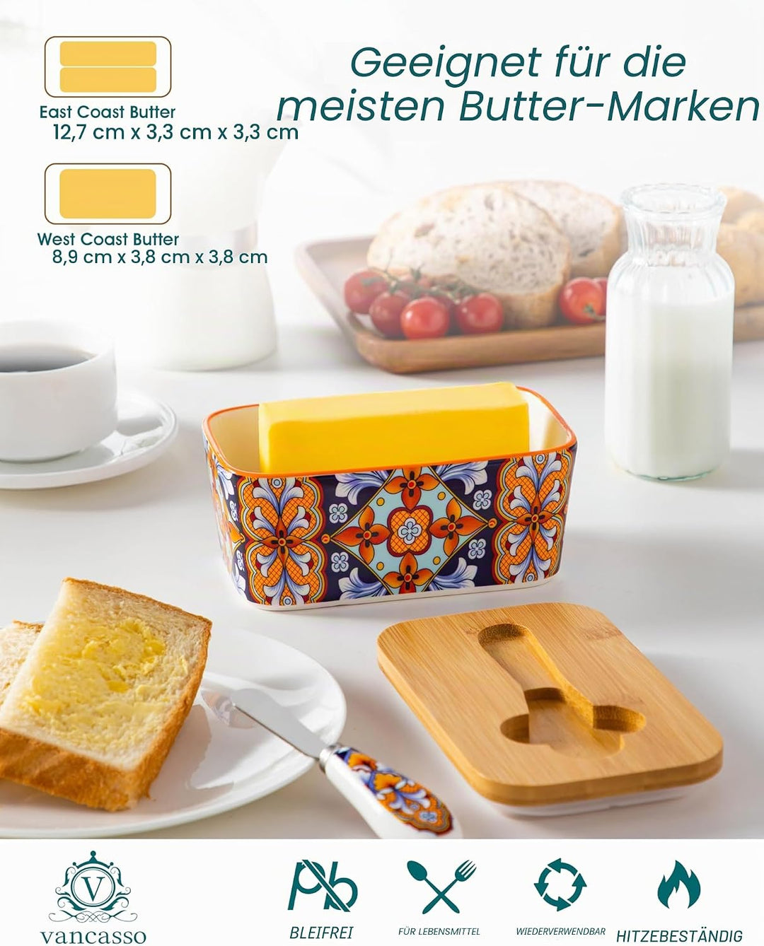 vancasso SIMI Butterdose Keramik, Hochwertige Butterglocke mit Messer und Holzdeckel, Butterdose Por