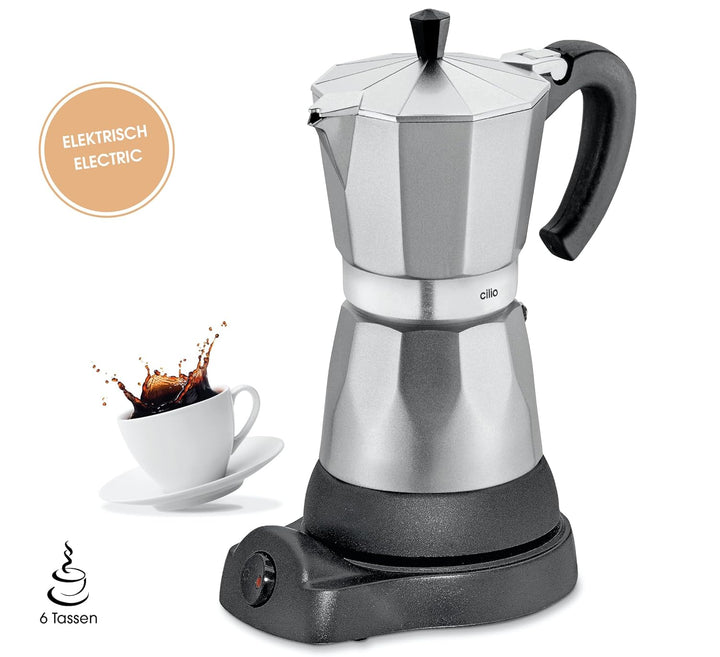 cilio Espressokocher Classico für 6 Tassen | elektrisch 480W | Ø 11,5 cm Höhe: 25 cm | Aluminium | S