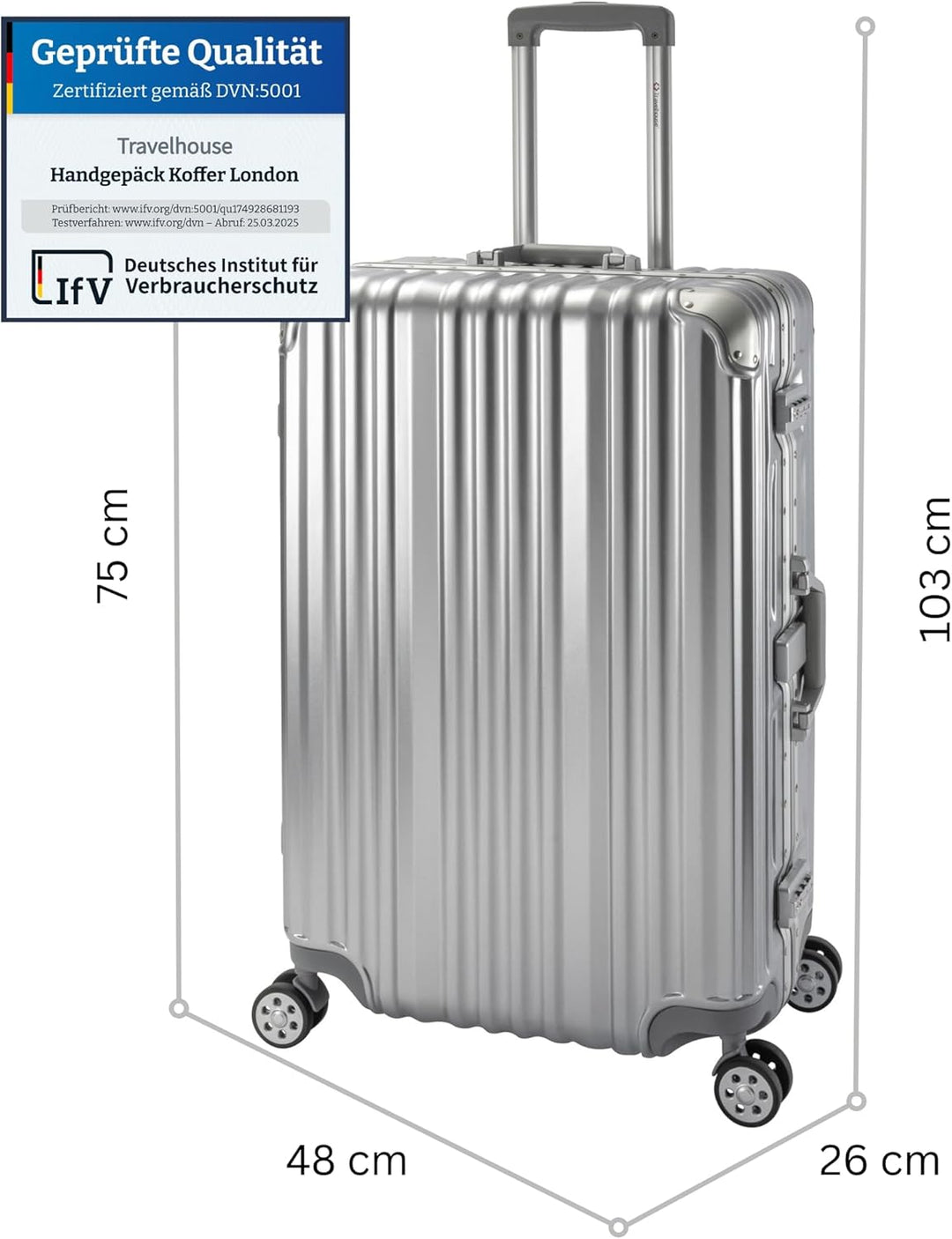 Travelhouse London Koffer Silber L-75cm · Alu-Rahmen · Polykarbonat Hartschale · Trolley Reisekoffer