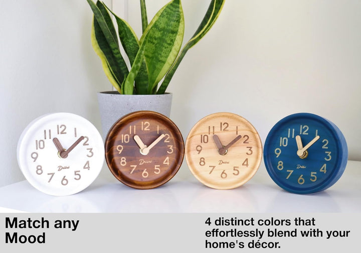 Driini Analoge Tischuhr aus Holz, 10,9 cm, dekorative Uhr aus Kiefernholz, kein Ticken, leicht zu le