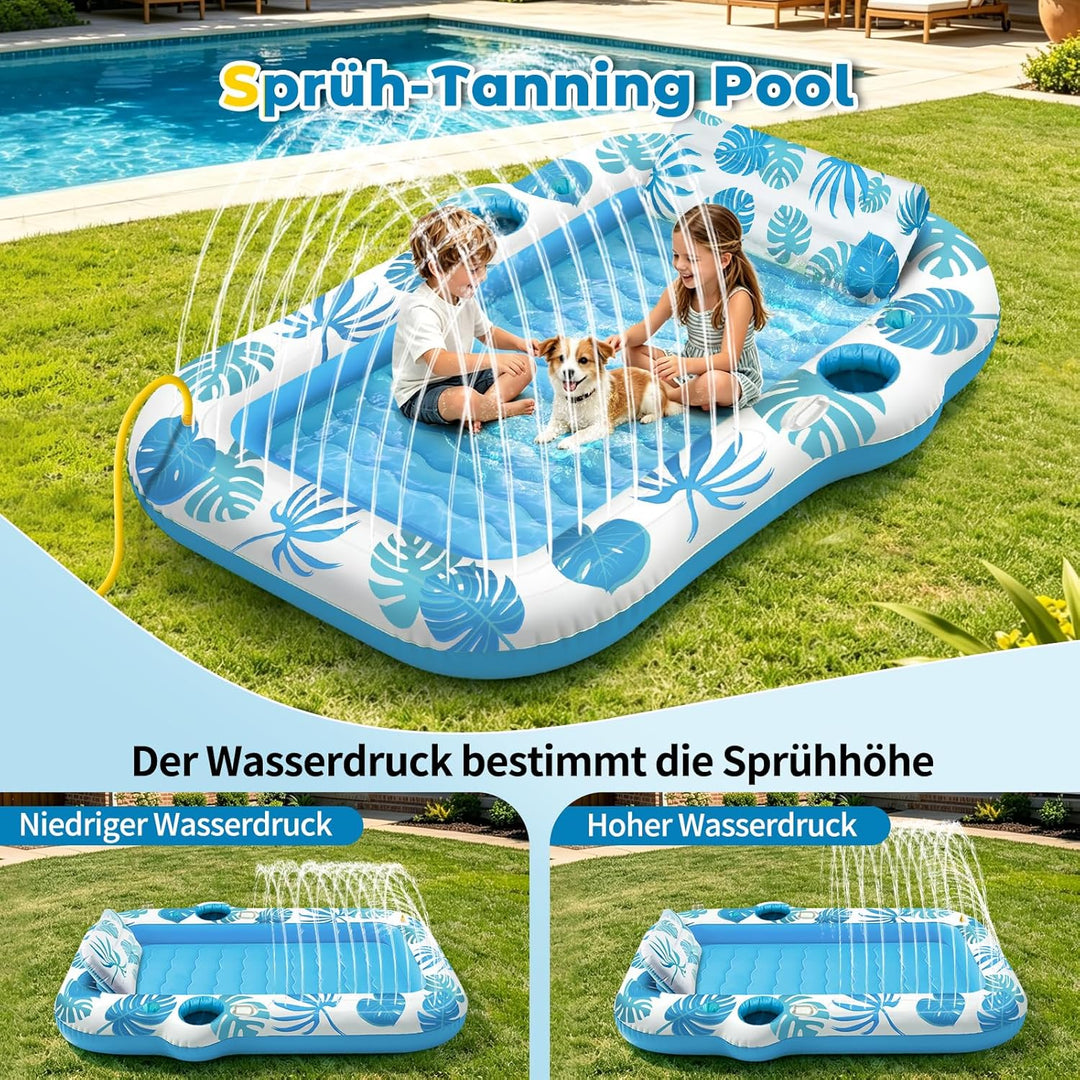 JONRRYIN Luftmatratze Pool für Erwachsene, Tanning Pool 225x190cm mit Sprühfunktion & Getränkehalter