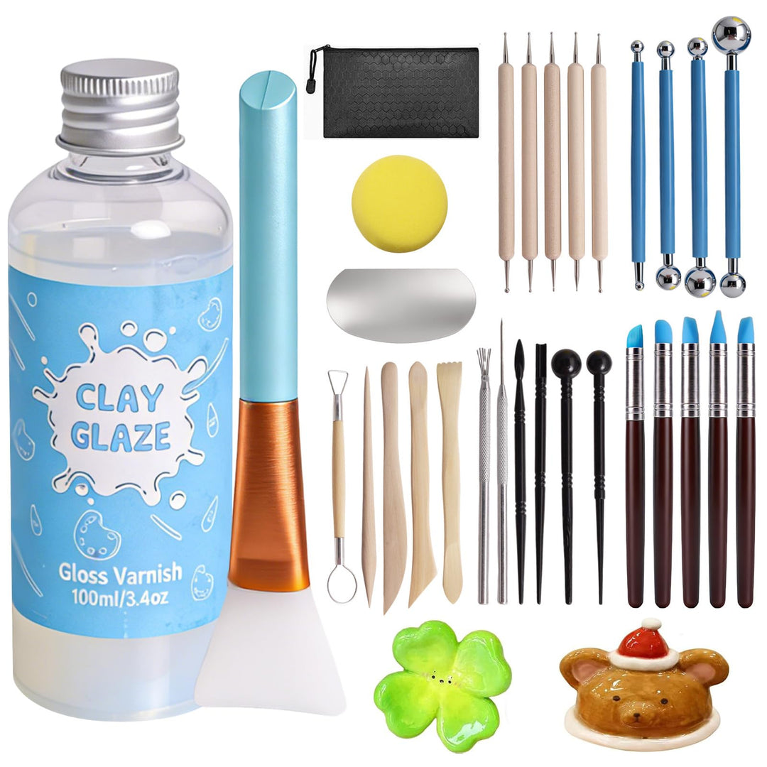 Glasur für Ton Lufttrocknend, 100ml Air Dry Clay Glaze mit 29 PCS Modellierwerkzeug Set, Clay Varnis