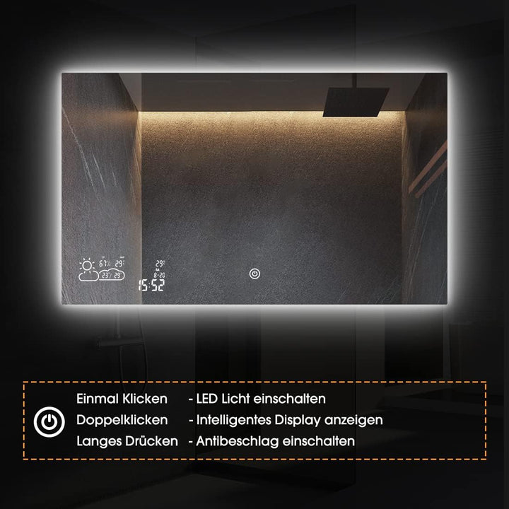 byecold Badspiegel mit LED Beleuchtung 100x60CM, Badezimmerspiegel Beschlagfrei mit Touchschalter, B