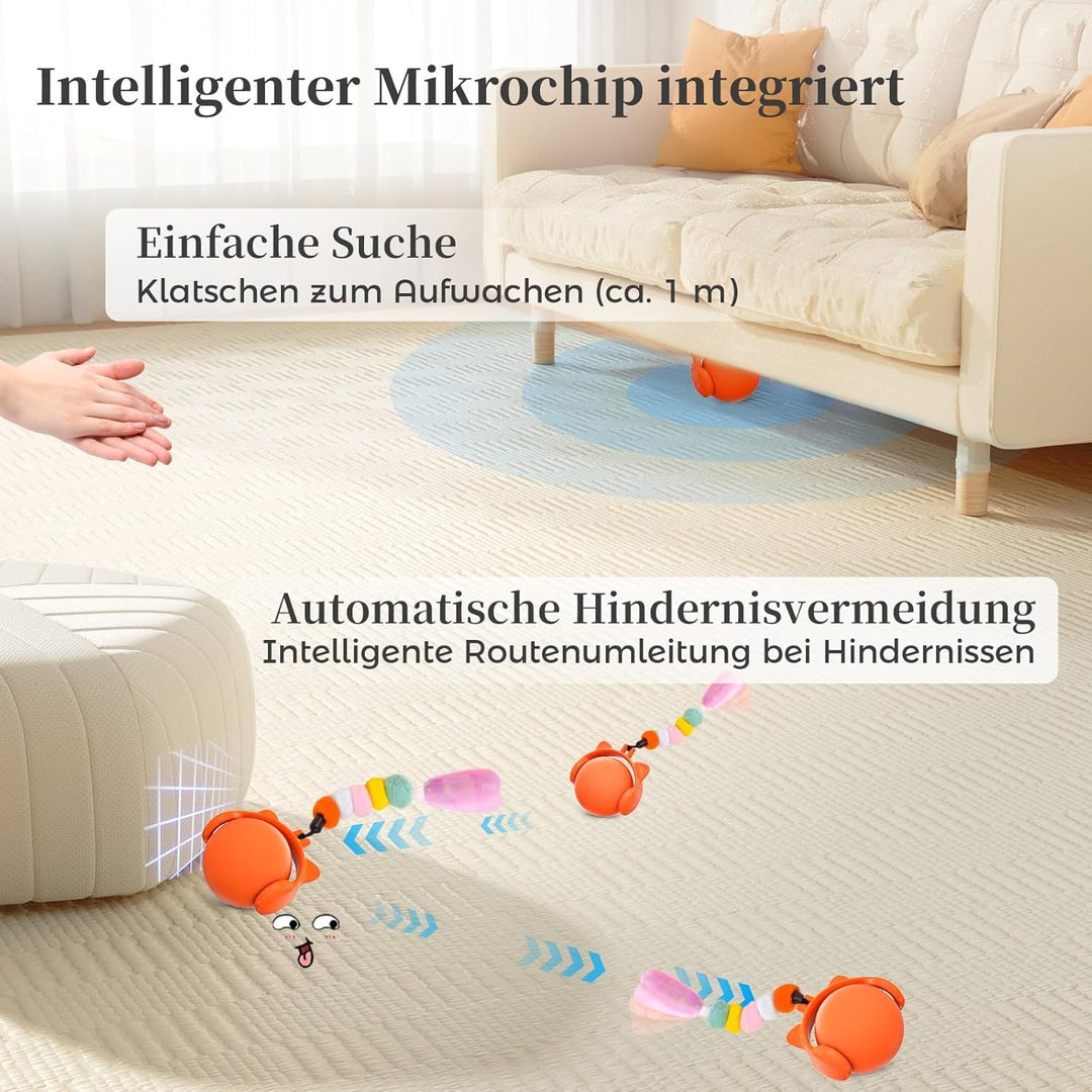 GoldenSun Katzenspielzeug, Automatisch Rollender Ball mit Federschwanz für Hauskatzen, Bewegungsakti