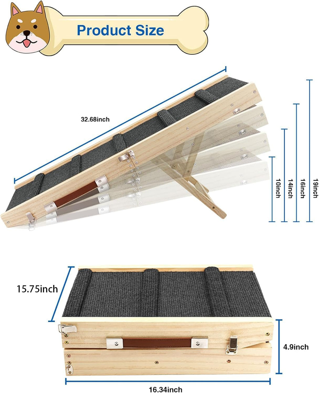 Klappbare Hunderampe aus Holz -Hundetreppe Höhenverstellbar 25-48cm mit Rutschfester Matte für Bett