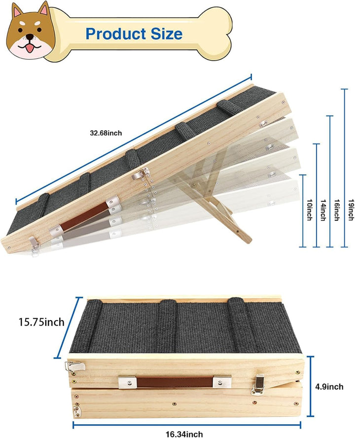 Klappbare Hunderampe aus Holz -Hundetreppe Höhenverstellbar 25-48cm mit Rutschfester Matte für Bett