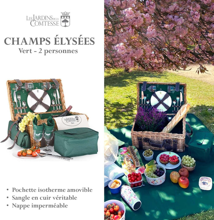 Les Jardins de la Comtesse - Picknickkorb Champs-Elysées aus Weidengeflecht und echtem Leder - Dunke