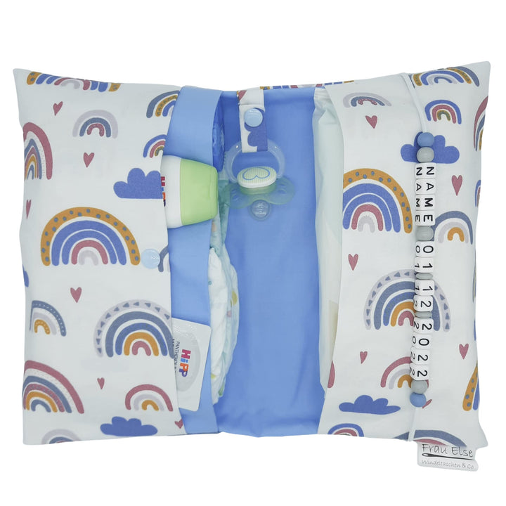 Grosse Windeltasche XXL mit Name personalisiert - Wickeltasche Regenbogen hellblau 2. Hellblau Innen