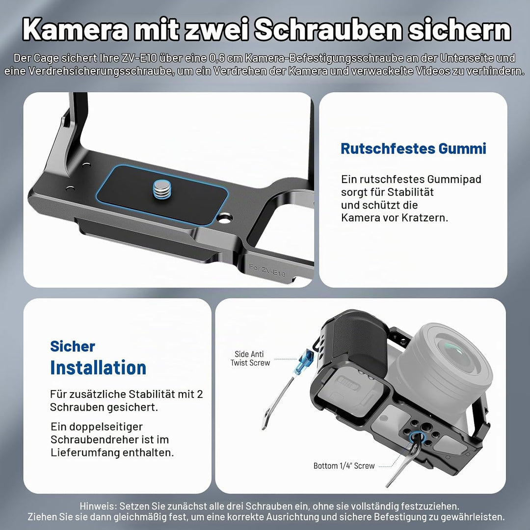 NEEWER ZV-E10 Kamerakäfig mit Silikongriff, 1/4" Gewinde, 3/8" ARRI Positionierungslöcher, Arca Typ