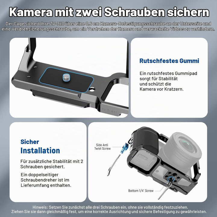 NEEWER ZV-E10 Kamerakäfig mit Silikongriff, 1/4" Gewinde, 3/8" ARRI Positionierungslöcher, Arca Typ